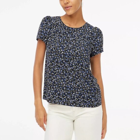 J. Crew Printed Short Sleeve Crepe Floral Black Top Size M NWT - Picture 1 of 7